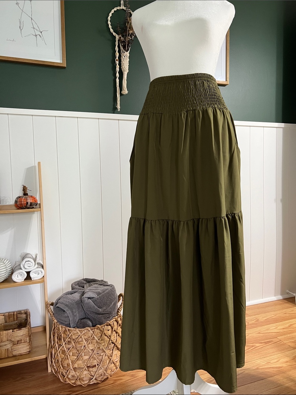 SHEIN Olive Green Smocked Tiered Maxi Skirt